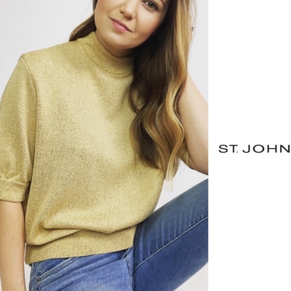 St. John Basics Gold Santana Knit Sweater/Top w Mock Neck, Short Sleeves…